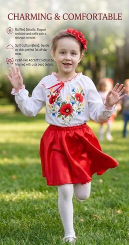 Skrynia Girls' White Embroidered Blouse Red Poppy Floral Vyshyvanka Long Sleeve Ruffled Neckline Toddler & Teen Top in Saudi Arabia
