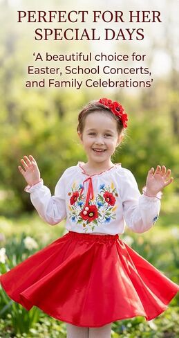 Skrynia Girls' White Embroidered Blouse Red Poppy Floral Vyshyvanka Long Sleeve Ruffled Neckline Toddler & Teen Top in Saudi Arabia