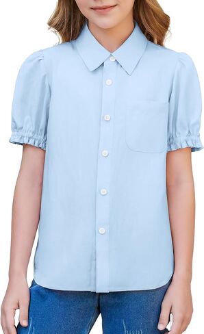 Girls Uniform Shirts Lantern Short Sleeve Blouses Button Down School Shirt for Kids Cute Summer Tops 5-14Y in Saudi Arabia