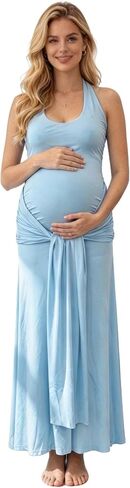 Women's Maternity Halter Maxi Dress White Sexy Backless Bodycon Pregnancy Dress with Front Knot for Photoshoot Baby Shower in Saudi Arabia
