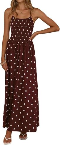 ABYOVRT Women Polka Dot Maxi Dress Smocked Spaghetti Strap Flowy Sundress Summer Beach Vacation in Kuwait