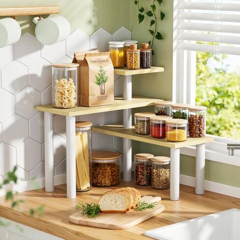 3-Tier Corner Countertop Organizer – Kitchen Counter & Bathroom Vanity Organizer, Coffee Bar Corner Shelf, Spice Rack Stand, L-Shaped Space-Saving Storage, Light, Wood in Saudi Arabia