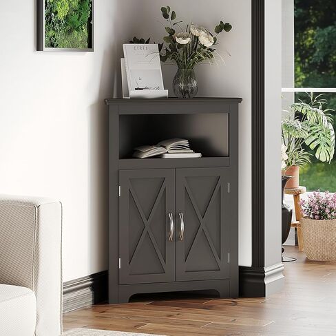 ChooChoo Corner Storage Cabinet, Small Corner Cabinet with Barn Door Design and Adjustable Shelf, Home Space Saver for Living Room, Bathroom, Kitchen, White in Kuwait