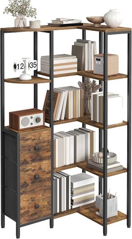 YATINEY Corner Bookshelf, 5-Tier L-Shaped Bookcase with 3 Fabric Drawers, Storage Display Shelf, Freestanding Tall Open Shelf, for Living Room, Bedroom, Home Office, Rustic Brown SJ12BR in Kuwait