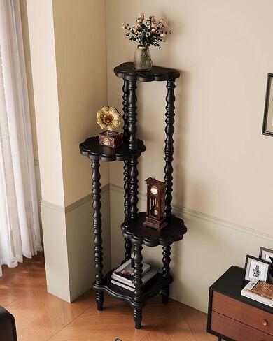 Vintage Corner Shelf 4-Tier, Solid Wood Display Shelf Mid Century, Unique Handcrafted Antique Display Rack, Freestanding Corner Bookshelf with Spindle Legs for Living Room Bedroom, Black in Kuwait