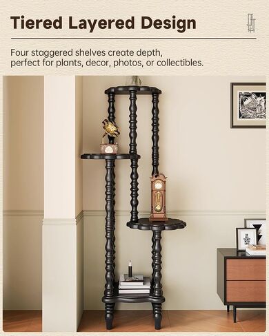 Vintage Corner Shelf 4-Tier, Solid Wood Display Shelf Mid Century, Unique Handcrafted Antique Display Rack, Freestanding Corner Bookshelf with Spindle Legs for Living Room Bedroom, Black in Kuwait