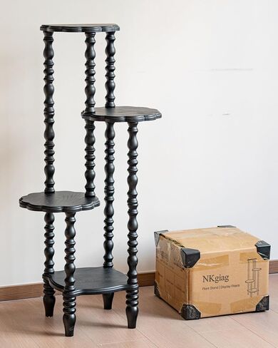 Vintage Corner Shelf 4-Tier, Solid Wood Display Shelf Mid Century, Unique Handcrafted Antique Display Rack, Freestanding Corner Bookshelf with Spindle Legs for Living Room Bedroom, Black in Kuwait