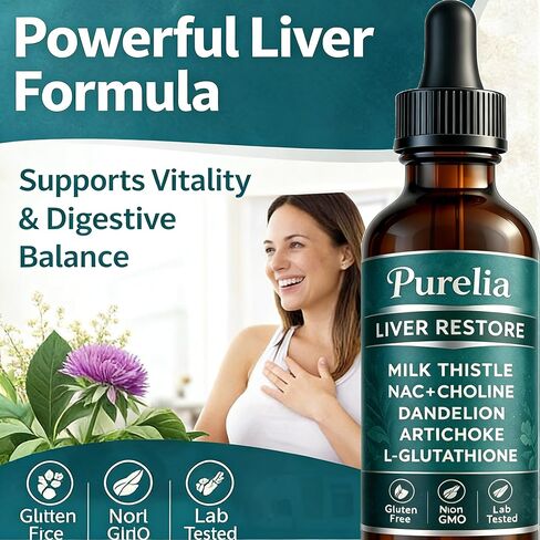 Purelia Liver Restore Drops – with Milk Thistle, Dandelion, Glutathione, Artichoke, Turmeric, & Astragalus | Non-GMO, Gluten Free in Saudi Arabia