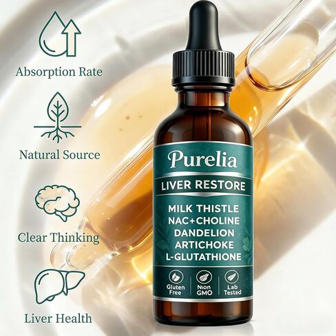 Purelia Liver Restore Drops – with Milk Thistle, Dandelion, Glutathione, Artichoke, Turmeric, & Astragalus | Non-GMO, Gluten Free in Saudi Arabia