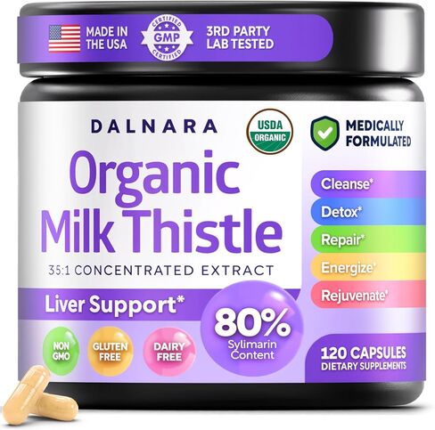 USDA Organic Milk Thistle 35:1 Extract, 80% Silymarin | Milk Thistle Capsules, Silymarin Supplement, Liver Support Supplement, Liver Health, Natural Liver Detox, Non-GMO, Vegan, 120 Vegan Capsules in Saudi Arabia