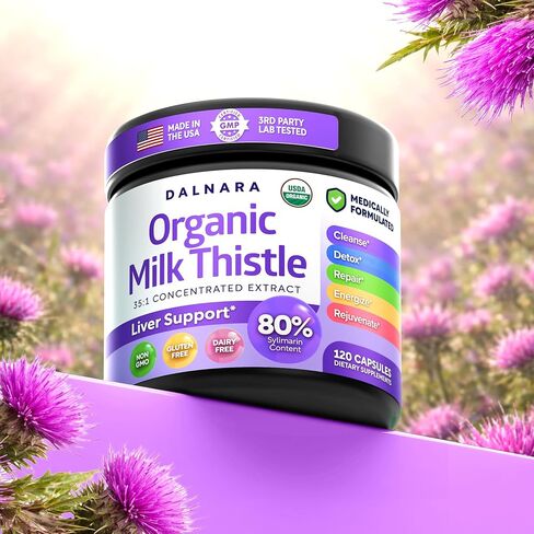 USDA Organic Milk Thistle 35:1 Extract, 80% Silymarin | Milk Thistle Capsules, Silymarin Supplement, Liver Support Supplement, Liver Health, Natural Liver Detox, Non-GMO, Vegan, 120 Vegan Capsules in Saudi Arabia