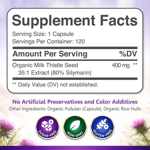 USDA Organic Milk Thistle 35:1 Extract, 80% Silymarin | Milk Thistle Capsules, Silymarin Supplement, Liver Support Supplement, Liver Health, Natural Liver Detox, Non-GMO, Vegan, 120 Vegan Capsules in Saudi Arabia