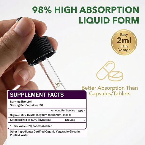 Milk Thistle Liquid Drops with 80% Silymarin, 98% High Absorption Liver Support, Vegan Gluten-Free GMO-Free, Extra Strength, 2Fl Oz in Saudi Arabia