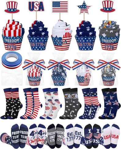 12 Sets Patriotic Cupcake Socks for Women Men Red White Blue Patriotic Socks USA Stars Striped Accessories for 250th Anniversary Independence Day 4th of July Party Favor in Kuwait