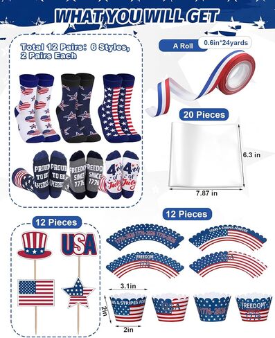12 Sets Patriotic Cupcake Socks for Women Men Red White Blue Patriotic Socks USA Stars Striped Accessories for 250th Anniversary Independence Day 4th of July Party Favor in Kuwait