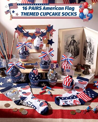12 Sets Patriotic Cupcake Socks for Women Men Red White Blue Patriotic Socks USA Stars Striped Accessories for 250th Anniversary Independence Day 4th of July Party Favor in Kuwait