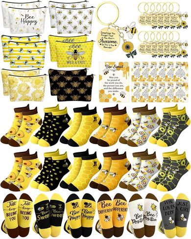 48 Pcs Funny Bee Gifts Set Bulk for Women Novelty Bees Makeup Bag Ankle Socks Inspirational Keychain Gift Cards Bee Day Basket Stuffers for Mom Daughters Sister Friend Wife in Kuwait