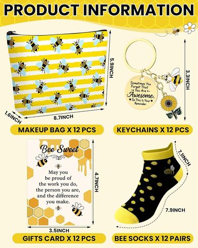 48 Pcs Funny Bee Gifts Set Bulk for Women Novelty Bees Makeup Bag Ankle Socks Inspirational Keychain Gift Cards Bee Day Basket Stuffers for Mom Daughters Sister Friend Wife in Kuwait
