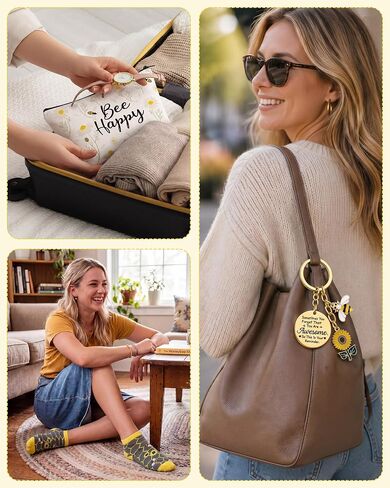 48 Pcs Funny Bee Gifts Set Bulk for Women Novelty Bees Makeup Bag Ankle Socks Inspirational Keychain Gift Cards Bee Day Basket Stuffers for Mom Daughters Sister Friend Wife in Kuwait