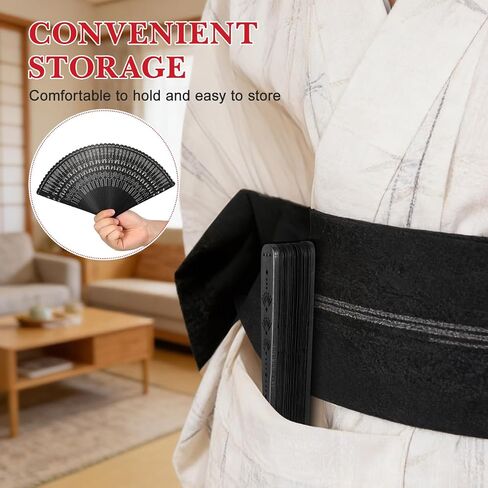 SEWACC Silk Folding Fan Hand Held Wood Hand Fan Chinese Japanese Vintage with Tassels for Women Ladies Home Decoration Black in Kuwait