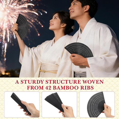 SEWACC Silk Folding Fan Hand Held Wood Hand Fan Chinese Japanese Vintage with Tassels for Women Ladies Home Decoration Black in Kuwait