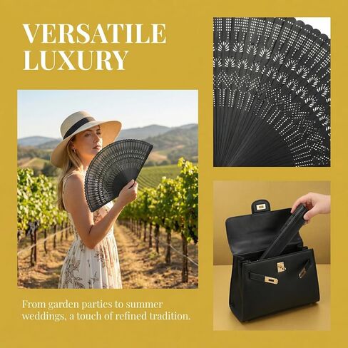 SEWACC Silk Folding Fan Hand Held Wood Hand Fan Chinese Japanese Vintage with Tassels for Women Ladies Home Decoration Black in Kuwait