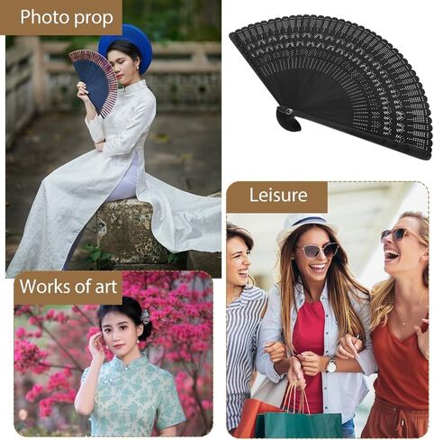 SEWACC Silk Folding Fan Hand Held Wood Hand Fan Chinese Japanese Vintage with Tassels for Women Ladies Home Decoration Black in Kuwait