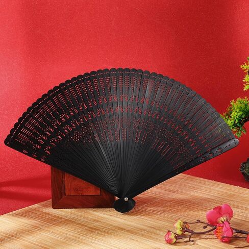 SEWACC Silk Folding Fan Hand Held Wood Hand Fan Chinese Japanese Vintage with Tassels for Women Ladies Home Decoration Black in Kuwait