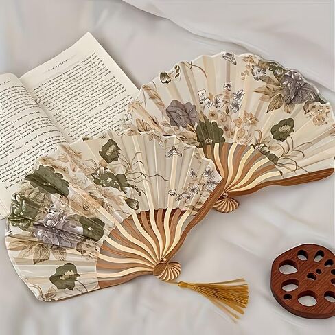 2Pcs Women's Vintage Floral Folding Fan, 11.02in Long, 9.05in Diameter, Handcrafted Chinese Style Fan With Tassel, Portable Decorative Fan,（Beige） in Kuwait