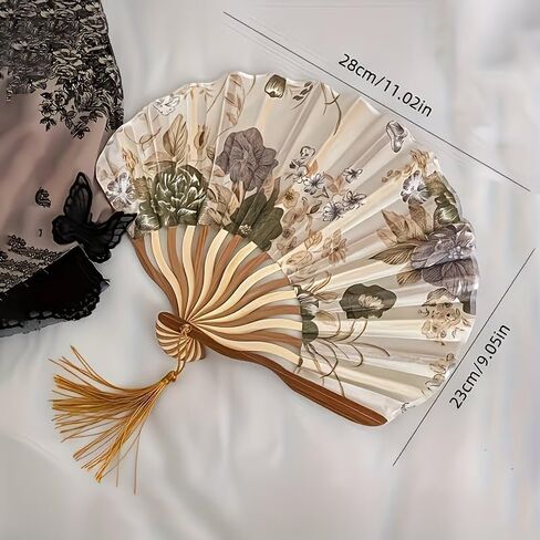 2Pcs Women's Vintage Floral Folding Fan, 11.02in Long, 9.05in Diameter, Handcrafted Chinese Style Fan With Tassel, Portable Decorative Fan,（Beige） in Kuwait
