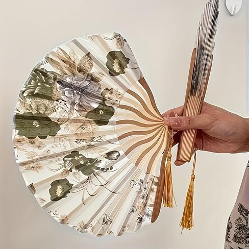 2Pcs Women's Vintage Floral Folding Fan, 11.02in Long, 9.05in Diameter, Handcrafted Chinese Style Fan With Tassel, Portable Decorative Fan,（Beige） in Kuwait