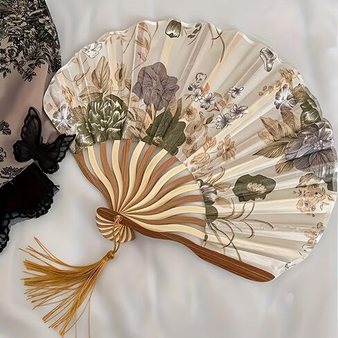2Pcs Women's Vintage Floral Folding Fan, 11.02in Long, 9.05in Diameter, Handcrafted Chinese Style Fan With Tassel, Portable Decorative Fan,（Beige） in Kuwait