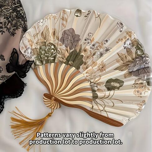 2Pcs Women's Vintage Floral Folding Fan, 11.02in Long, 9.05in Diameter, Handcrafted Chinese Style Fan With Tassel, Portable Decorative Fan,（Beige） in Kuwait