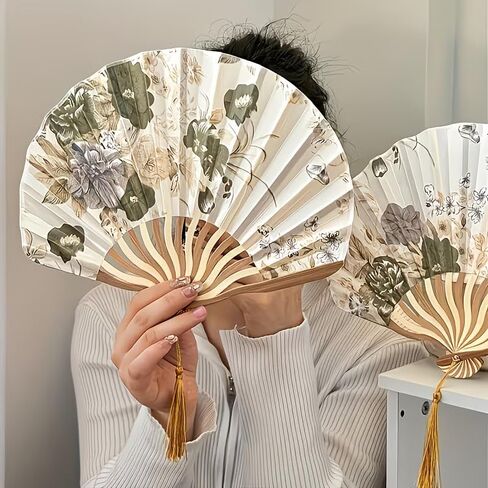 2Pcs Women's Vintage Floral Folding Fan, 11.02in Long, 9.05in Diameter, Handcrafted Chinese Style Fan With Tassel, Portable Decorative Fan,（Beige） in Kuwait