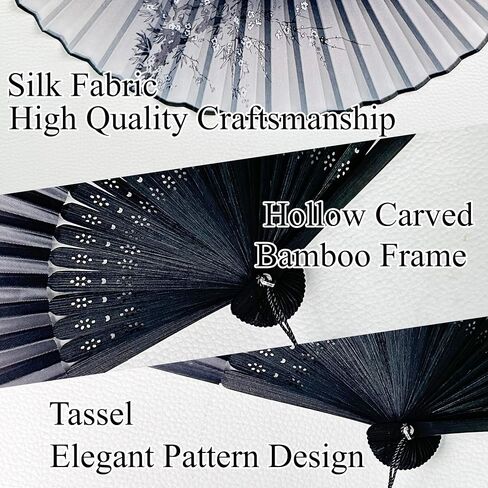 2025 New Folding Hand Fans, 8.4" Mysterious Oriental Stylish Vintage Bamboo Silk Fan. Ideal for Dancing, Party, Home Decor and Events （ 1Pack, Black in Kuwait