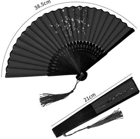 2025 New Folding Hand Fans, 8.4" Mysterious Oriental Stylish Vintage Bamboo Silk Fan. Ideal for Dancing, Party, Home Decor and Events （ 1Pack, Black in Kuwait
