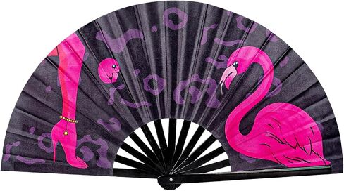 PATNOLE Large Folding Hand Fans, Black, Pink Flamingo | For Line Dancing, Loud Clack, Stylish Attitude Cowgirl Fan, For EDM/Dance/Festival/Club/Party, Rave Fan in Saudi Arabia