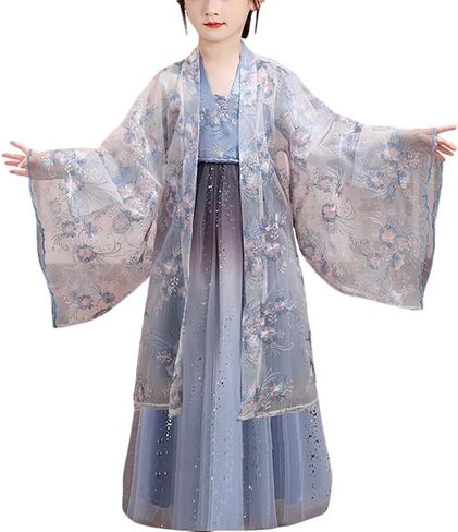 Girls Ancient Hanfu Dress Chinese Traditional Chiffon Long Sleeve Embroidered Stage Performance Outfit in Saudi Arabia