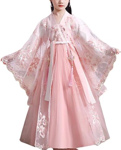 Girls Ancient Hanfu Dress Chinese Traditional Chiffon Long Sleeve Embroidered Stage Performance Outfit in Saudi Arabia