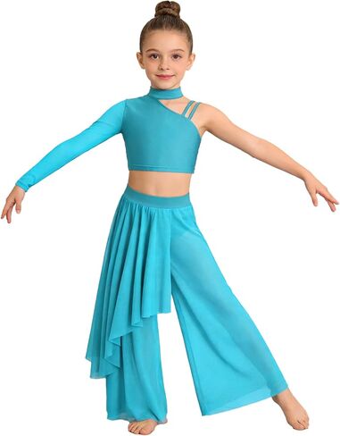 2Pcs Girls Lyrical Ballet Dance Costume Contemporary Gymnastics Leotard Asymmetrical Wide Leg Dress Outfit for Kids in Saudi Arabia