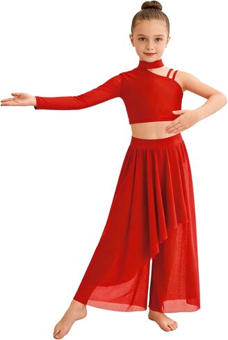 2Pcs Girls Lyrical Ballet Dance Costume Contemporary Gymnastics Leotard Asymmetrical Wide Leg Dress Outfit for Kids in Saudi Arabia