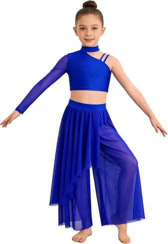 2Pcs Girls Lyrical Ballet Dance Costume Contemporary Gymnastics Leotard Asymmetrical Wide Leg Dress Outfit for Kids in Saudi Arabia
