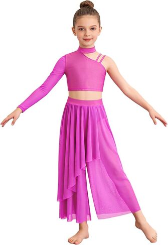 2Pcs Girls Lyrical Ballet Dance Costume Contemporary Gymnastics Leotard Asymmetrical Wide Leg Dress Outfit for Kids in Saudi Arabia