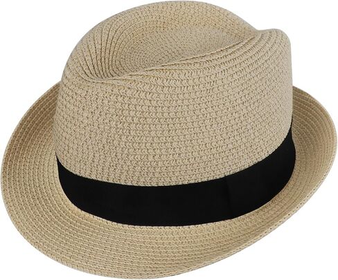 Kids Straw Fedora Hat Short Brim Summer Panama Sun Hat Foldable Jazz Derby Trilby Beach Cap for Boys Girls 4-6 Years in Kuwait