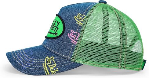 Von Dutch Kids Denim Trucker Hat | Adjustable Mesh Snapback with Logo Patch & Breathable Back | One Size Fits Most in Kuwait