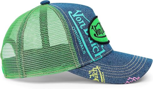 Von Dutch Kids Denim Trucker Hat | Adjustable Mesh Snapback with Logo Patch & Breathable Back | One Size Fits Most in Kuwait
