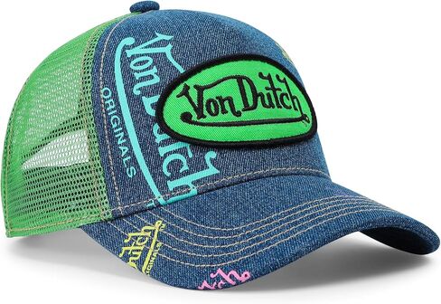 Von Dutch Kids Denim Trucker Hat | Adjustable Mesh Snapback with Logo Patch & Breathable Back | One Size Fits Most in Kuwait