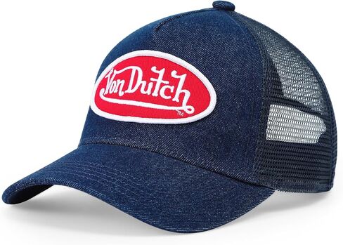 Von Dutch Kids Denim Trucker Hat | Adjustable Mesh Snapback with Logo Patch & Breathable Back | One Size Fits Most in Saudi Arabia