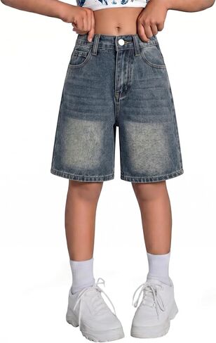 oyyniis Girls Jean Shorts Baggy Wide Leg Jorts Elastic Waist Washed Bermuda Denim Shorts Cute Summer Y2K Streetwear 8-12Y in Saudi Arabia