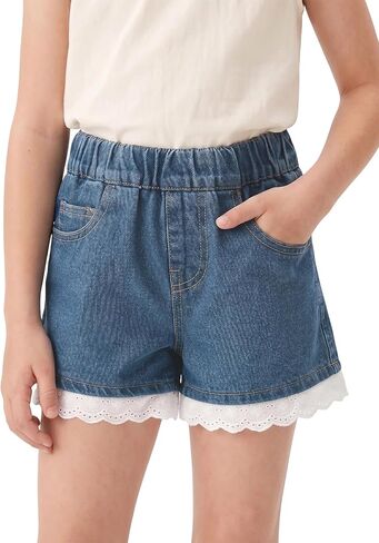 Noomelfish Girls Lace Trim Denim Jeans Shorts Elastic Waist Pull On Summer Shorts with Pockets (5-12 Years) in Kuwait